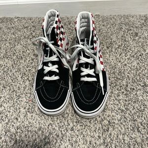 High too checkered vans red and black
